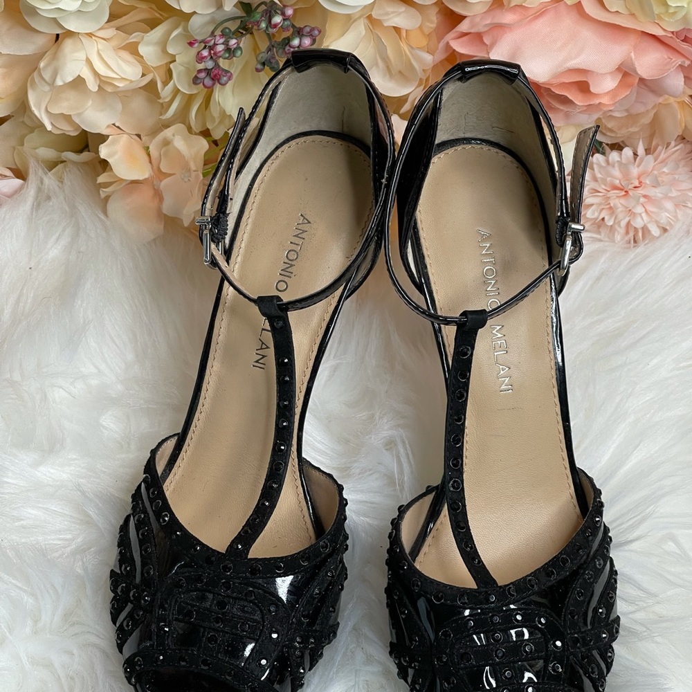 ANTONIO MELANI Black Patent T-Strap Heeled Sandals